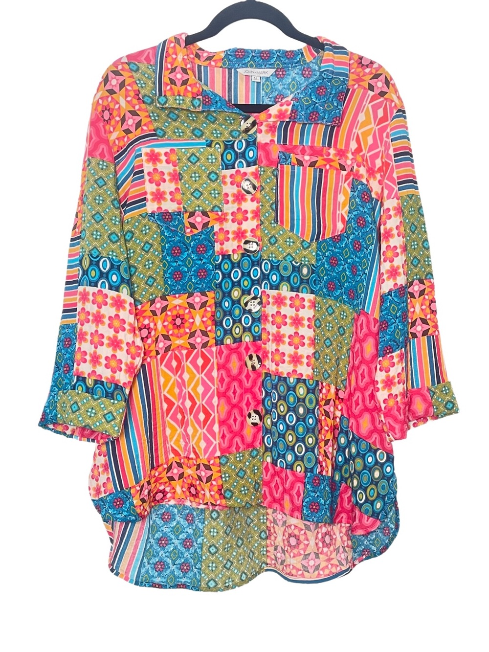 John Mark Patchwork Multi-Pattern Button Front Shirt Blouse Size M